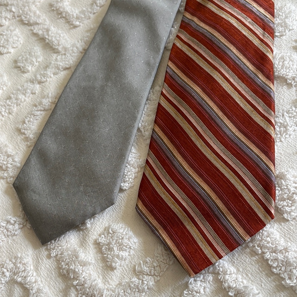 Vintage Gray Solid and Rust Orange Striped Silk Men's Tie Set